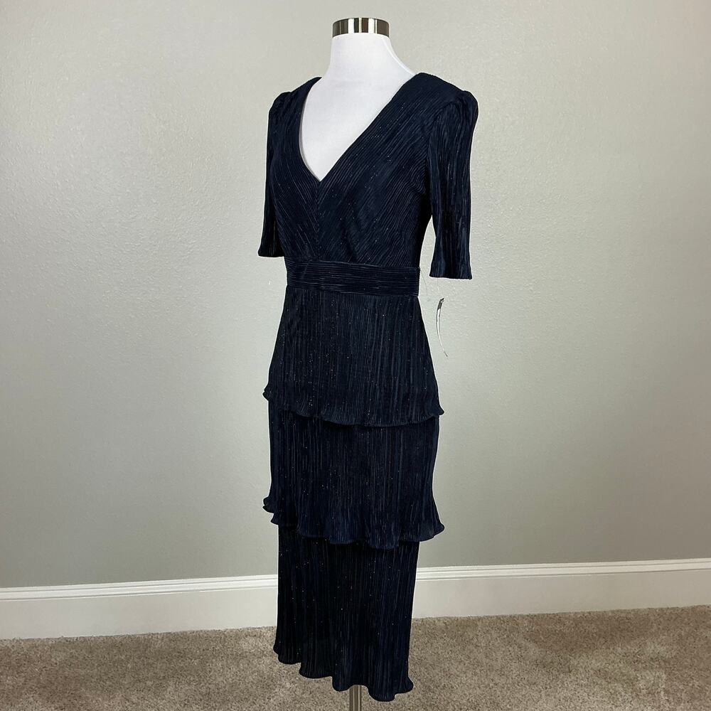 XSCAPE Pleated Sparkly Chiffon Midi Sheath Cocktail Dress Navy Blue Size 8 - Picture 5 of 13
